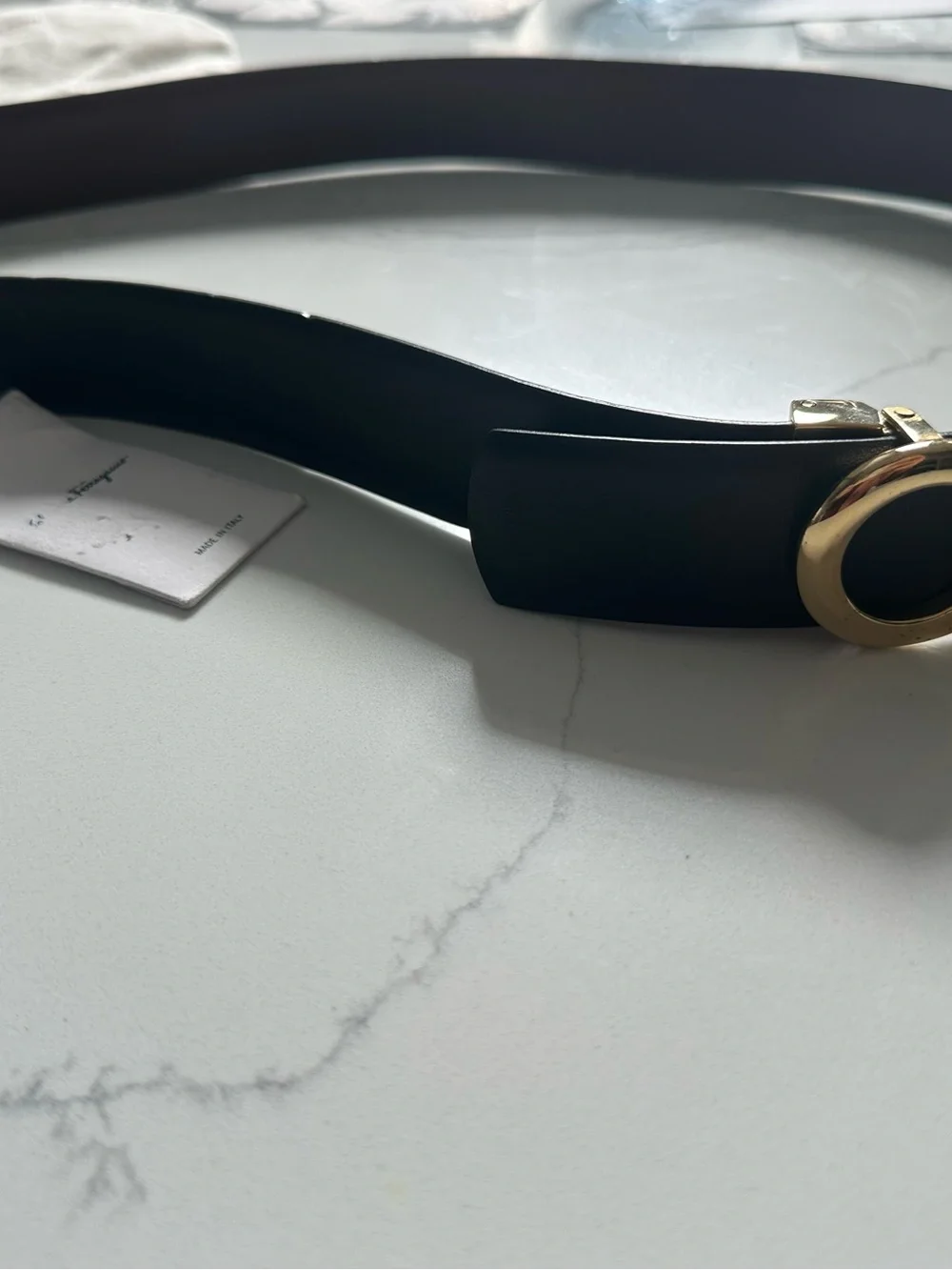 Black Leather Belt with Gold Double Gancini Buckle